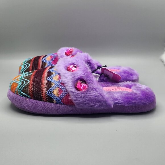 Blazin Roxx Slip On Slippers Ladies 5/6 Purple Fabric Faux Fur Rhinestone NWT - Picture 3 of 9